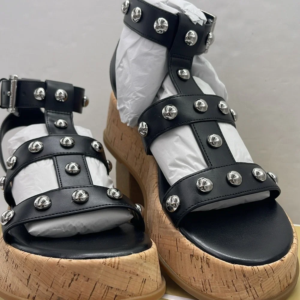 MICHAEL KORS Selah Studded Platform Gladiator Silver Studded Sandal Black  New